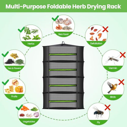 MEKOLIFE 4-Tier Herb Drying Rack Hanging Mesh | 23.62" mesh dryer with zipper, hooks and pruning shears, for indoor and outdoor herbs, seafood, flowers and plants - size: 4 Layers