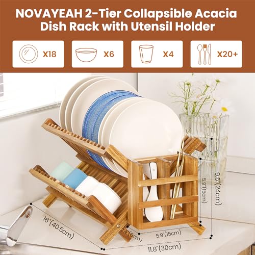 NOVAYEAH Acacia Wooden Dish Drying Rack for Kitchen Counter 2-Tier Collapsible Bmaboo Dish Drying Rack with Utensil Holder-Large Folding Dish Drainer Rack with Flatware Holder 34 pcs Grid - color: 2-tier (Acacia Wood)