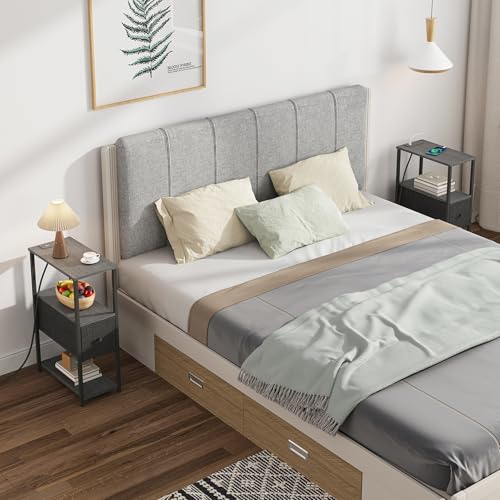 TUTOTAK Small Narrow End Table with Charging Station, Set of 2, Side Table with Outlets, Nightstand with Cloth Drawer, Couch Table, for Living Room, Bedroom, Bedside, Charcoal Grey TB01BY058 - color: Charcoal Grey, style: 1 Drawer & Plug