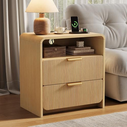 24" Fluted Nightstand with Charging Station, Bedside Table with Metal Handles, Night Stand with 2 Drawers and Open Shelf, End Table for Bedroom, Curved Profile, Natural Oak - color: Natural Oak-2 Drawers, size: 2 Drawers