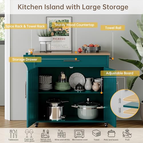 Wood Kitchen Island with Storage, Rolling Kitchen Island On Wheels, Mobile Island Trolley Cart Sideboard Cabinet with Towel Rack, Spice Rack, Adjustable Shelf, Wooden Top & Large Drawer, Dark Green - color: Dark Green