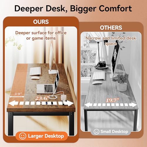 Computer Desk with Power Outlets, 55 Inch Large Home Office Desk with Deeper & Thicker Desktop Modern Gaming Desk Study Writing Work Desk, Metal Frame, Rustic Brown - size: 55 Inch