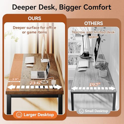 Computer Desk with Power Outlets, 55 Inch Large Home Office Desk with Deeper & Thicker Desktop Modern Gaming Desk Study Writing Work Desk, Metal Frame, Rustic Brown - size: 55 Inch