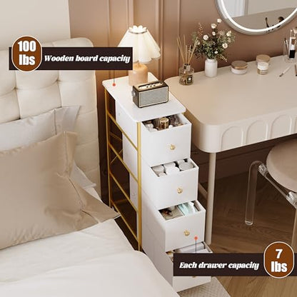 Narrow Storage Cabinet, Narrow Nightstand Dresser with 4 Drawers, Slim Fabric Dresser Storage Tower for Small Spaces, Gold Dresser for Bedroom, Bathroom, Laundry, Closet