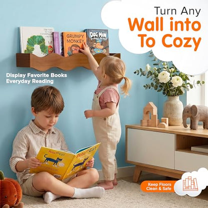 Ovalo Nursery Book Shelves Set of 2 - Solid Pine Wood Nursery Bookshelf, Floating Nursery Shelves for Wall, Wall Bookshelf for Kids Room, No-Assembly Wall Mounted Baby Book Shelf. (Walnut Brown) - color: Walnut Brown