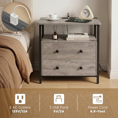 Edbuosy 27 inch Wide Night Stand with Charging Station, Bedside Table with Open Shelf, 2 Drawers Small Wood Dresser, Modern Wood Nightstand for Bedroom/Living Room, Rustic Gray - color: Rustic Gray, size: 27"W-2 Drawers