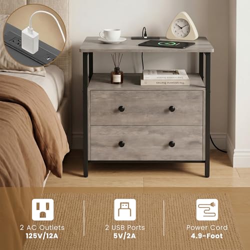 Edbuosy 27 inch Wide Night Stand with Charging Station, Bedside Table with Open Shelf, 2 Drawers Small Wood Dresser, Modern Wood Nightstand for Bedroom/Living Room, Rustic Gray - color: Rustic Gray, size: 27"W-2 Drawers