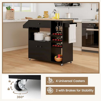 Giantex Rolling Kitchen Island Cart with Drop Leaf, Power Outlet, Spice Rack, 12 Wine Rack, Glass Holder, Drawer, Storage Cabinet, Towel Rack, Island Table for Breakfast Coffee Bar (Black & Natural) - color: Black & Natural