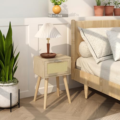 LAATOOREE Nightstand Set of 2, Small Bedside Table, Boho Side End Table, Rattan Door, Solid Wood Feet for Bedroom and Living Room - color: Natural, style: Boho Style