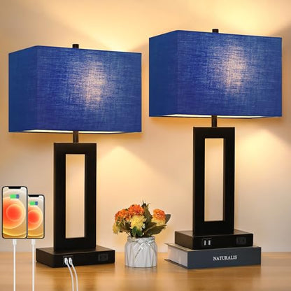 Set of 2 Touch Control Table Lamps with 2 USB Ports&AC Outlet, 3-Way Dimmable Modern Nightstand Lamp Sets, Bedside Desk Lamps for Bedroom Living Room End Tables Reading, Bulbs Included, Blue Shade | 3 Way Dimmable, Blue Fabric Shade, E26 Base, Desk Lamp f