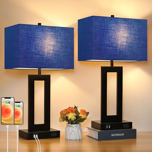 Set of 2 Touch Control Table Lamps with 2 USB Ports&AC Outlet, 3-Way Dimmable Modern Nightstand Lamp Sets, Bedside Desk Lamps for Bedroom Living Room End Tables Reading, Bulbs Included, Blue Shade | 3 Way Dimmable, Blue Fabric Shade, E26 Base, Desk Lamp f