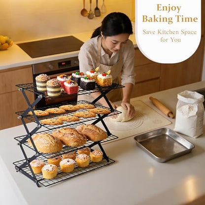 4 Tier Collapsible Cooling Rack, Adjustable Stackable Stainless Steel Baking Rack with Leak-Proof Mesh & X-Shaped Structure, Dishwasher Safe for Cookies, Bread, Pastries