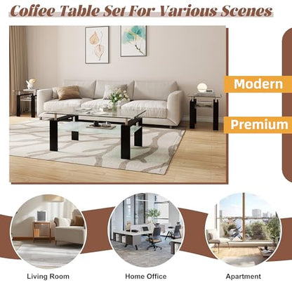 2-Tier Coffee Table with Tempered Glass Top and MDF Frame, Modern Black Rectangular Glass Center Table for Living Room, Apartment, Office, Easy to Assemble - color: Black, size: Coffee Table