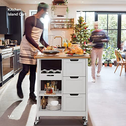 YITAHOME Small Solid Wood Top Kitchen Island Cart on Wheels with Storage, Rolling Portable Dining Room Serving Utility Carts Mobile Movable with 3 Drawers Cabinet, Oak & White - style: 26.7"W White