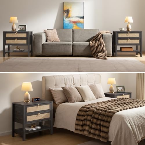 SICOTAS 26.7" Wide Rattan Nightstand with 2 Drawers & Open Shelf End Table | Large Night Stand with Storage Shelf, Coastal Boho Bedside Table for King Bed, Bedroom, Guest Room, Apartment, and End Table - color: Obsidian