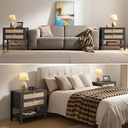 SICOTAS 26.7" Wide Rattan Nightstand with 2 Drawers & Open Shelf End Table | Large Night Stand with Storage Shelf, Coastal Boho Bedside Table for King Bed, Bedroom, Guest Room, Apartment, and End Table - color: Obsidian