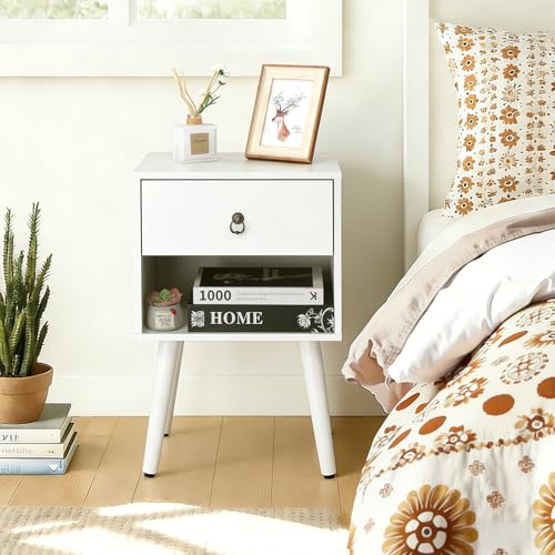 Bonnlo White Nightstand Set of 2, Modern Bedside Table with Drawer Open Shelf, End Table with Solid Wood Legs for Bedroom, - color: White, size: 1 Drawer 1 Shelf