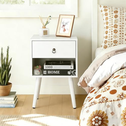 Bonnlo White Nightstand Set of 2, Modern Bedside Table with Drawer Open Shelf, End Table with Solid Wood Legs for Bedroom, - color: White, size: 1 Drawer 1 Shelf