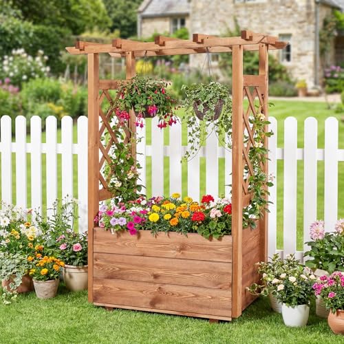 Giantex Raised Garden Bed with Sided Trellis & Roof, 31”x16”x41” Wood Elevated Planter Box, Freestanding Garden Planter Raised Bed for Flowers Herbs Climbing Vines,Brown,1 - color: Brown, size: 31”x16”x41”
