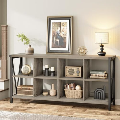 Narrow Console Tables, 2 Tier Entryway Table w/Storage Shelf, 8 Cube Storage Organizer and Shelves, Cube Shelf Bookshelf for Home and Bedroom, 13.4" D x 62.2" W x 30.3" H, Grey
