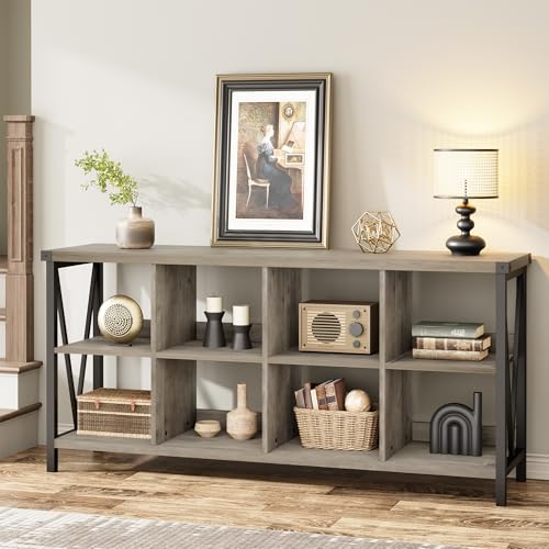 Narrow Console Tables, 2 Tier Entryway Table w/Storage Shelf, 8 Cube Storage Organizer and Shelves, Cube Shelf Bookshelf for Home and Bedroom, 13.4" D x 62.2" W x 30.3" H, Grey