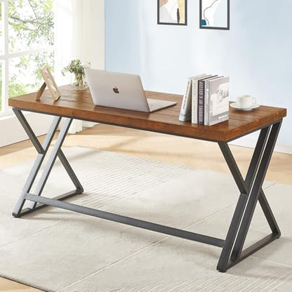 Solid Wood Computer Desk, Modern Real Wood Home Office Desk, Long Rustic Farmhouse Natural Wood Writing Desk, Executive Workstation PC Desk Table for Living Room Bedroom, Brown, 55 inch - size: 55 inch