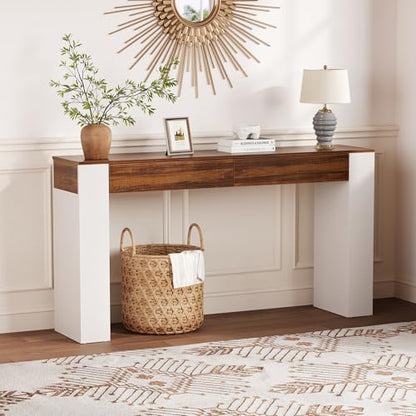 63-Inch Rustic Slim Console Table with Storage, Narrow Entryway Sofa Table with 2 Drawers, Modern Hallway Accent Table Behind Couch for Living Room, Brown Top and White Legs
