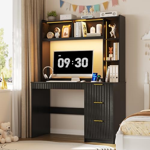 Home Office Desk with Hutch & 3 Color LED for Studyroom,Black | LED Study Desk with Shelves and Human Body Sensing, Writing Desk Computer Desks with Charging Station for Work & Study - color: Black-86019