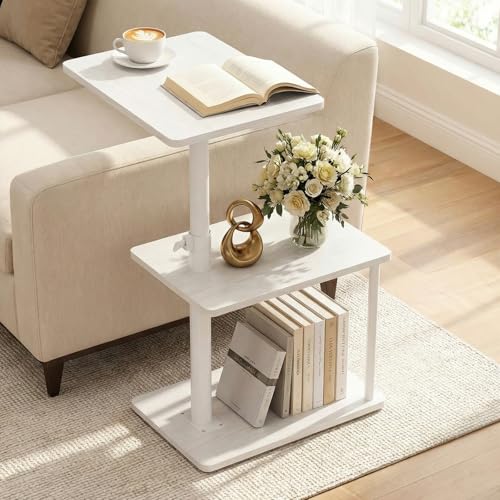 Faesun 360° Swivel Side Table for Height Adjustable, C Shaped End Table for Couch with Storage, 3-Tier Night Stand with Open Shelf, Tv Tray for Small Spaces, Living Room, Bedroom, White - color: White, size: Standard