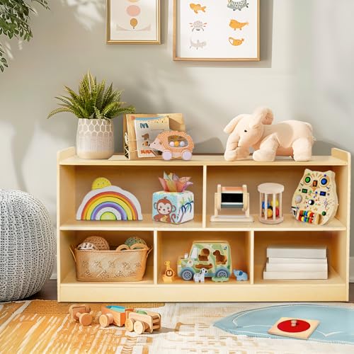 Montessori Shelf, Wooden Toy Storage Organizer for Books Toys, 2 Shelf Bookcase, 5-Section Storage Cabinet, Toddler Book Shelf for Kids Rooms, Playroom, Nursery, Kindergarten (Natural) - color: Natural