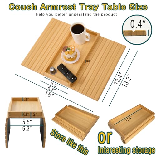 Bamboo Couch Arm Tray Table，Foldable Sofa Armrest Tray Table for Couch，Flexible and Anti-Slip Couch Arm Cup Holder，Portable Sofa Arm Chair Table for Drink,Cups, Eats，Snacks, Phone, Remote - color: Bamboo