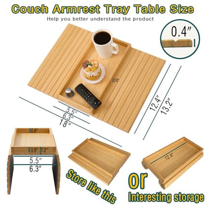 Bamboo Couch Arm Tray Table，Foldable Sofa Armrest Tray Table for Couch，Flexible and Anti-Slip Couch Arm Cup Holder，Portable Sofa Arm Chair Table for Drink,Cups, Eats，Snacks, Phone, Remote - color: Bamboo