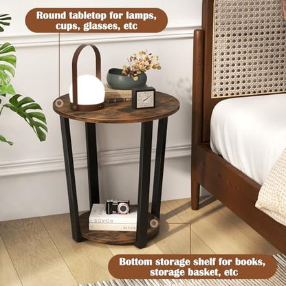 Giantex Round End Table Set of 2, 2-Tier Side Sofa Table with Open Storage Shelf and Metal Frame, Industrial Nightstand Bedside Table for Living Room, Bedroom, Accent Furniture, Rustic Brown - color: Rustic Brown