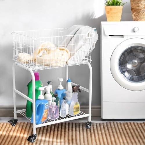 31" tall hennze one layer rolling wire laundry basket,easy moved wire laundry cart for clothes,pants laundry. children toys organization cart,metal cart with metal frame,enlarge the storage (white) - color: white