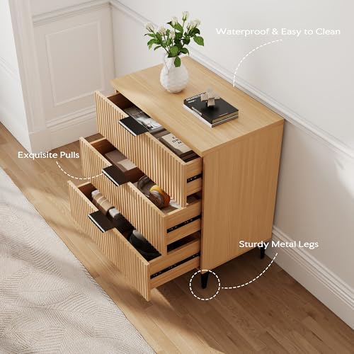 25.6" W Fluted Nightstand with 3 Drawer Dresser, Modern Wood Night Stands | Bedside Table for Bedroom King/Queen Bed, End Table with Robot-friendly Legs for Living Room,Entry - color: 3 Drawers-1pcs-oak