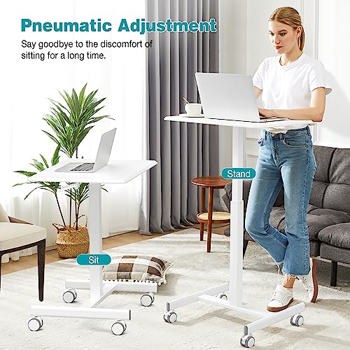 DUMOS Small Standing Desk with Wheels, Laptop Desk, 19 Inch | Portable Rolling Design, Adjustable Height Workstation, Home Office Mobile Station, White - color: Modern White
