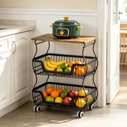 3-Tier Rolling Kitchen Storage Cart Fruit Basket Stand for Vegetables & Snacks Stackable Wire Pantry Floor Organizer with Wheels for Kitchen, Living Room, Bedroom, Office (Black) - size: 3-Tier