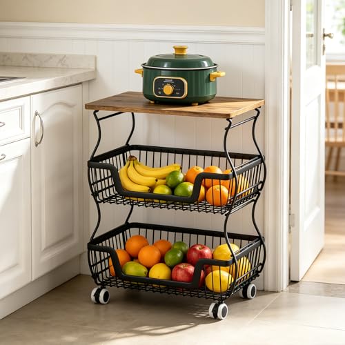 3-Tier Rolling Kitchen Storage Cart Fruit Basket Stand for Vegetables & Snacks Stackable Wire Pantry Floor Organizer with Wheels for Kitchen, Living Room, Bedroom, Office (Black) - size: 3-Tier