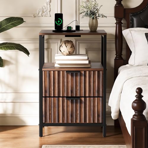 VINGLI Nightstands Set of 2 with Fabric Drawers, Walnut Nightstand with Charging Station, Night Stands Fluted Bedside Tables/End Tables with Charger Station, Side Table Bedroom, Small Night Stand - color: Walnut, size: 15"W-2 Drawer 1 Shelf