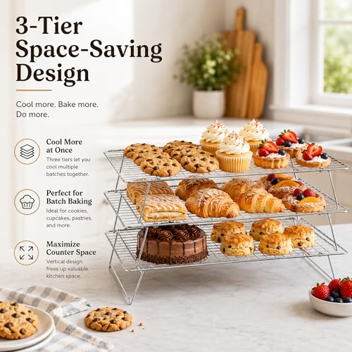 Cooling Rack 16"x10", 3-Tier Stackable & Collapsible Cooling Racks | Cooling Racks for Cooking and Baking, Roasting, Grilling, Oven & Dishwasher Safe (Silver, 3-Tier) - color: Silver, size: 3-Tier
