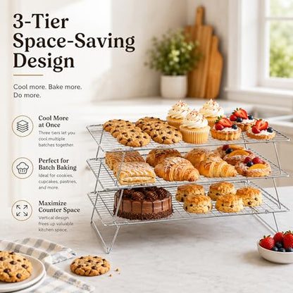 Cooling Rack 16"x10", 3-Tier Stackable & Collapsible Cooling Racks | Cooling Racks for Cooking and Baking, Roasting, Grilling, Oven & Dishwasher Safe (Silver, 3-Tier) - color: Silver, size: 3-Tier