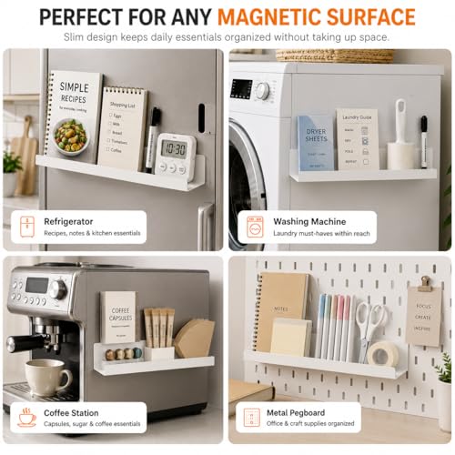 2 Pack Magnetic Book Shelf for Whiteboard, 17 Inch Heavy Duty Metal Magnetic Shelves, Holds 12 lbs, Magnetic Book Display for Classroom Furniture, Office - White - color: White