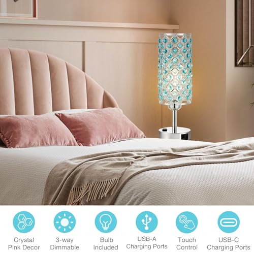 Hong-in Blue Crystal Lamp Touch Control Set of 2, Crystal Table Lamps with USB C+A Ports & AC Outlet, 3-Way Dimmable Nightstand Touch Lamp, Modern Bedside Table Lamp for Bedroom(Bulbs Included) - color: Blue