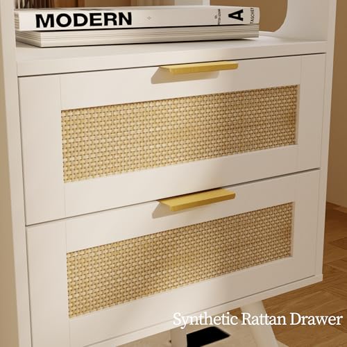JOONEE Rattan Nightstand,Farmhouse Bedside Table with 2 Storage Drawer and Open Wood Shelf, for Bedroom and Small Spaces,Night Stand with Solid Wood Legs (White) - color: White