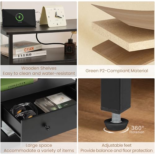 Edbuosy 27 Inch Wide Night Stand with Charging Station, Wood Nightstand with Open Shelf, Large Drawer Bedside Table for Living Room/Bedroom/Office, Black - color: Black, size: 27"W-1 Drawer