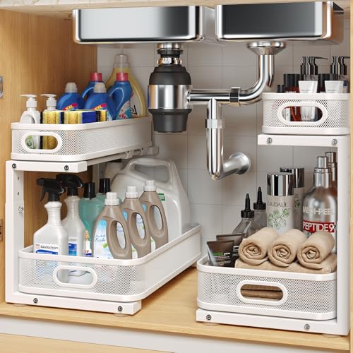 2 Pack Under Sink Organizer With Smooth Cylindrical Rail,2-Tier Pull Out Multi-Purpose Cabinet Storage for Bathroom&Kitchen,Height Adjustable,Rust-resistant Coating-White - color: White, size: 2 Pack-15.7"Dx11"-16.14"H