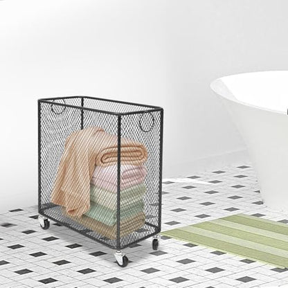 Laundry Hamper with Wheels, Rolling Laundry Basket Cart, Rectangular Metal Mesh Clothes Hamper with Metal Pull Handle for Laundry Room and Bedroom(Black, 16.9" x 9" x 17.7") - color: Black, size: 26.77 x 21.5 x 26in