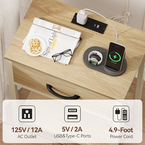 Vagusicc Nightstand Set of 2 with Charging Station, Bed Side Table with Fabric Drawer, Small End Table with 2-Tier Storage Shelves, 25.4" Tall Bedside Table, Night Stand for Bedroom Dorm, Natural - color: Natural (2 Pack)