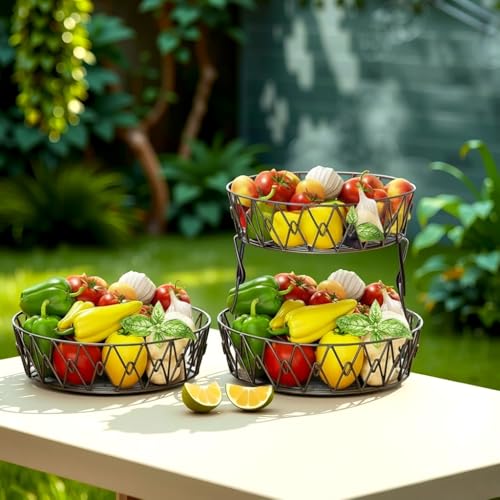 2 Tier Fruit Basket for Kitchen Counter, Metal Wire Fruit Bowl Stand with Banana Holder, Corner Fruit Basket, Stackable Produce Baske Countertop Storage, Copper Finish (black)