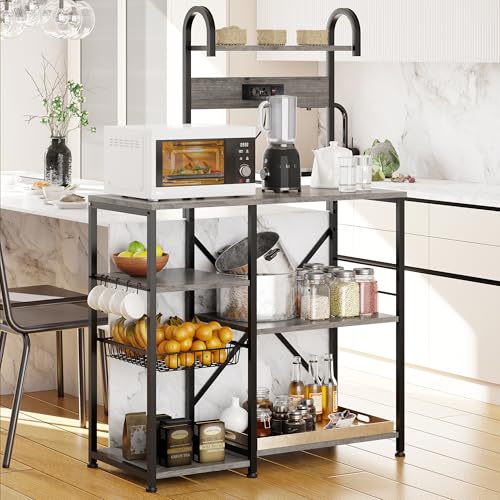 Shintenchi Kitchen Bakers Rack with Power Outlet, Multifunctional Organizer & Storage with 6 Hooks, Microwave Oven Stand, and Coffee Station Shelf, Black - color: Black